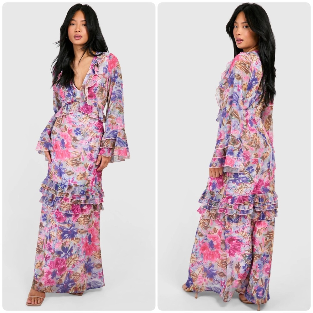 Boohoo Floral Ruffle Flare Bell Sleeve Babydoll Fairy Flowy Blossom Maxi Dress 2